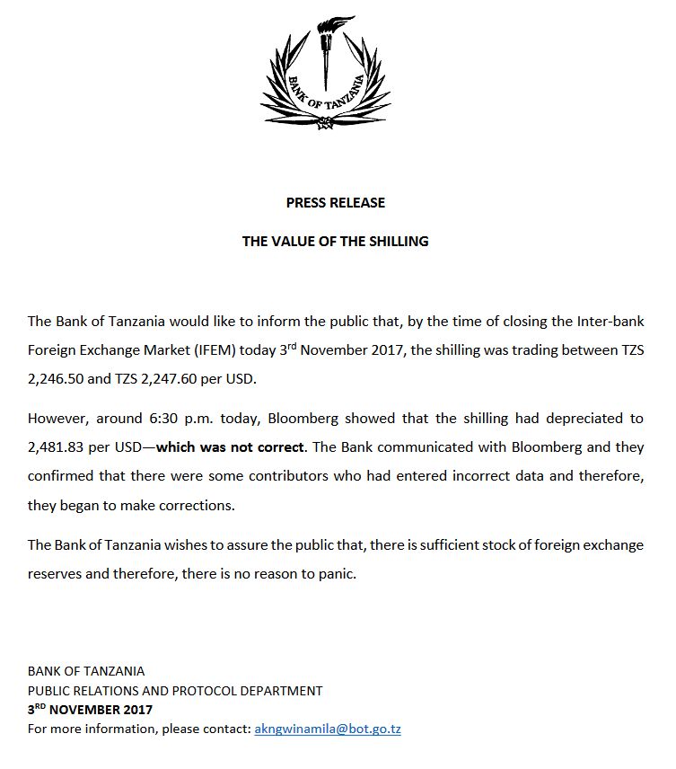The value of the shilling, Presseveröffentlichung Bank of Tanzania