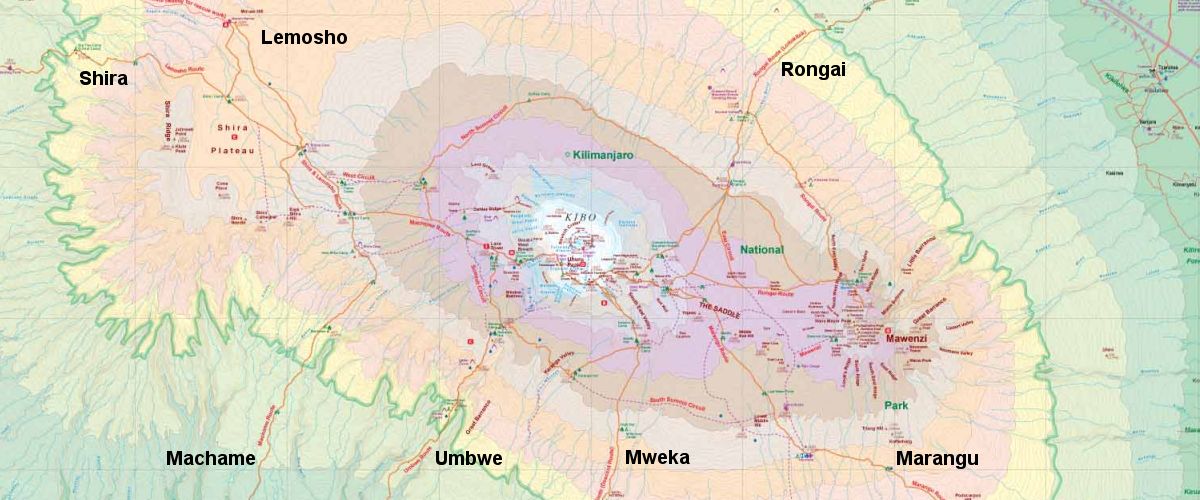 Kilimandscharo Karte mit Lemosho Shira Machame Umbwe Mweka Marangu Rongai routes